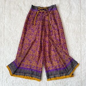 Woman Purple 100% Silk Fisherman Wrap Wide Leg Flowy Pants Made In Nepal Boho